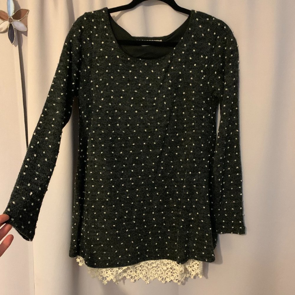 A'Reve Navy Pok-a-dot Sweater w/ Lace in Back MEDIUM